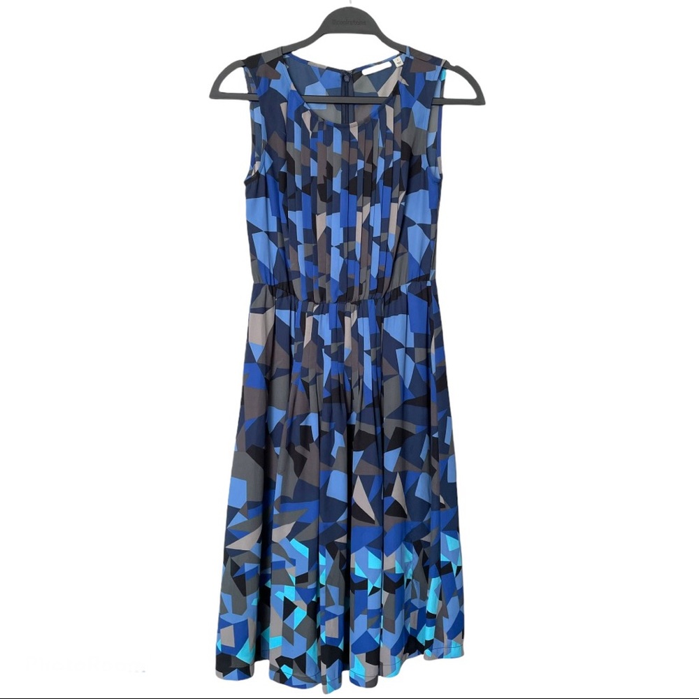 Halogen Sleeveless Pleated Blue Abstract Dress 2